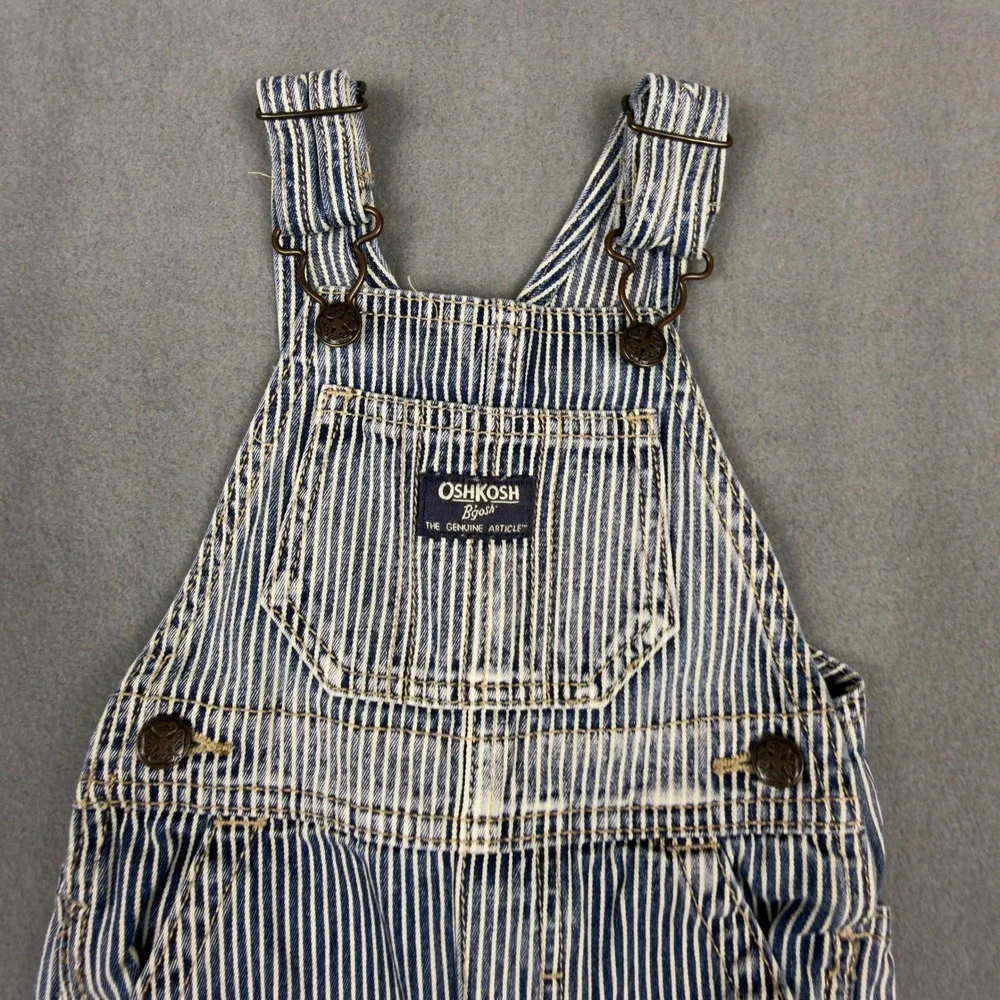 OshKosh Bgosh Baby Boys 9M Hickory Stripe Denim Overalls Blue White Bib Overall